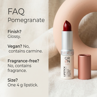 GRN Pomegranate lipstick FAQ: glossy finish, contains carmine and fragrance, one 4 g lipstick