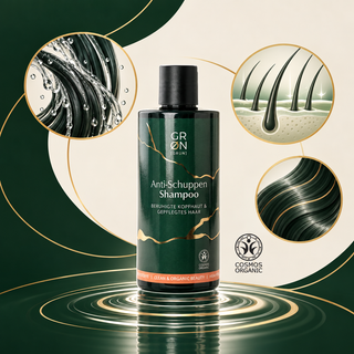 GRN Anti-Dandruff Shampoo with hair cleansing and softness illustrations and COSMOS Organic mark
