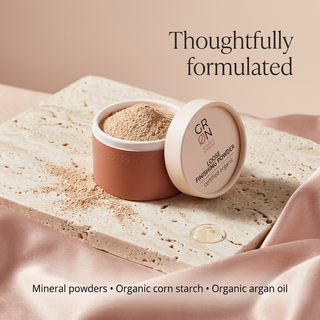 GRN Desert Sand loose finishing powder with mineral powder textures and ingredient information