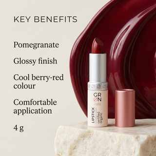 GRN Pomegranate lipstick benefits: glossy finish, cool berry-red colour and comfortable application