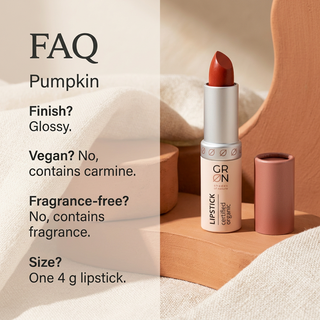 GRN Pumpkin lipstick FAQ: glossy finish, contains carmine and fragrance, one 4 g lipstick