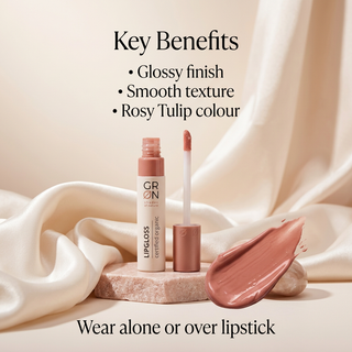 GRN Rosy Tulip lip gloss key benefits: glossy finish, smooth texture and Rosy Tulip colour