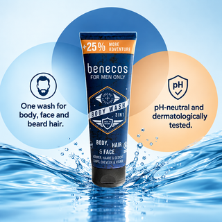 benecos men's 3-in-1 wash for body, face and beard hair; pH-neutral and dermatologically tested