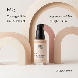 GRN Soft Foundation 01 Light FAQ light coverage radiant finish contains fragrance 30 ml