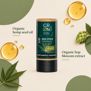 GRN For Men Deo Stick with organic hemp seed oil and hop blossom extract highlights