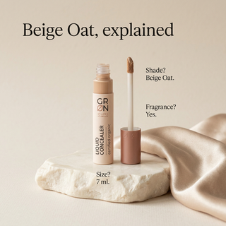 GRN concealer FAQ: Beige Oat shade, contains fragrance, 7 ml