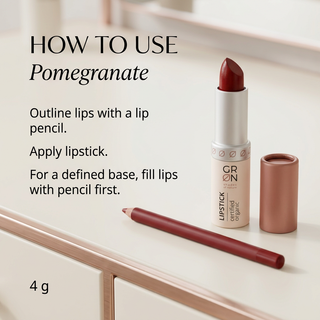 How to use GRN Pomegranate lipstick: outline lips with pencil, then apply lipstick