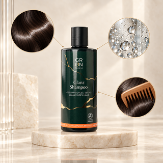 GRN Gloss Shampoo with visual illustrations of glossy hair, water droplets and easier combing