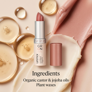 GRN Rose vegan glossy lipstick with organic castor and jojoba oils and plant waxes editorial