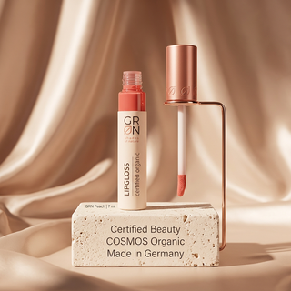 GRN Peach lip gloss COSMOS Organic certification and Made in Germany