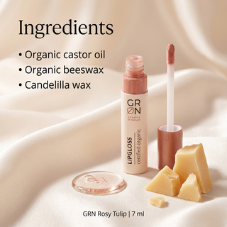 GRN Rosy Tulip lip gloss 7 ml ingredient highlights: organic castor oil, organic beeswax and candelilla wax