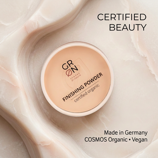 GRN White Ash powder with Made in Germany, COSMOS Organic and Vegan text
