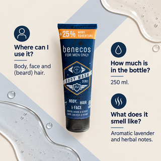 benecos 3-in-1 wash facts: 250 ml for body, face and beard hair with lavender and herbal scent