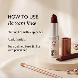 How to use GRN Baccara Rose lipstick: outline lips with pencil, then apply lipstick