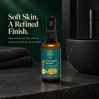 GRN For Men After Shave Balm 50 ml, moisturizing post-shave care on a dark countertop without a cream smear