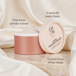 GRN Snow White loose powder with neutral shade and matte finish benefits