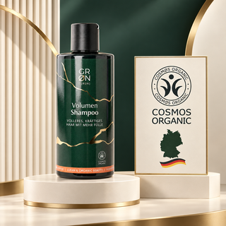 GRN Volume Shampoo with COSMOS Organic mark and Germany origin illustration