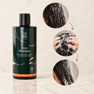 GRN Gloss Shampoo with visual steps showing wet hair, massaging lather and rinsing