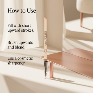 GRN Corn eyebrow pencil — How to Use: short upward strokes, brush and blend, cosmetic sharpener.