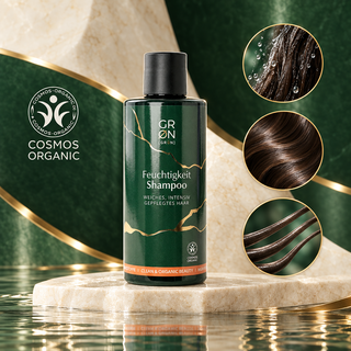 GRN Moisture Shampoo with wet and smooth hair illustrations and COSMOS Organic mark