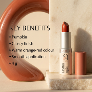 GRN Pumpkin lipstick benefits: glossy finish, warm orange-red colour and smooth application
