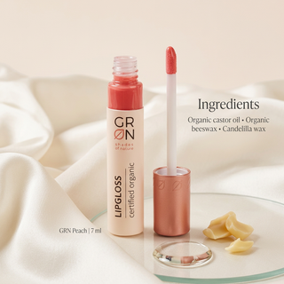 GRN Peach lip gloss 7 ml with organic castor oil, organic beeswax and candelilla wax ingredient highlights