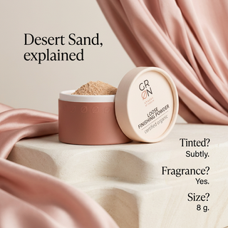 GRN Desert Sand powder FAQ: subtle tint, contains fragrance, 8 g