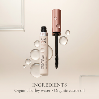 GRN Long Lashes Black Onyx mascara with organic barley water and castor oil ingredient highlights
