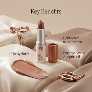 GRN Pine Cone glossy lipstick light warm taupe-brown shade and organic oils