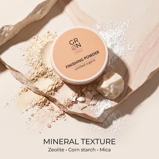 GRN Bamboo finishing powder with mineral textures highlighting zeolite, corn starch and mica