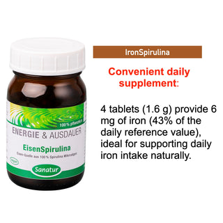 Bottle of IronSpirulina supplement with text on a white background