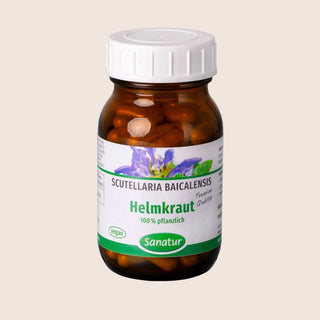 Bottle of Helmkraut Scutellaria Baicalensis capsules with a white cap on a white background