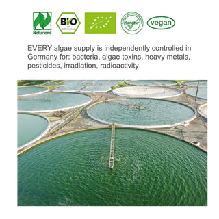 Algae cultivation ponds with certification logos and text about quality control in Germany.